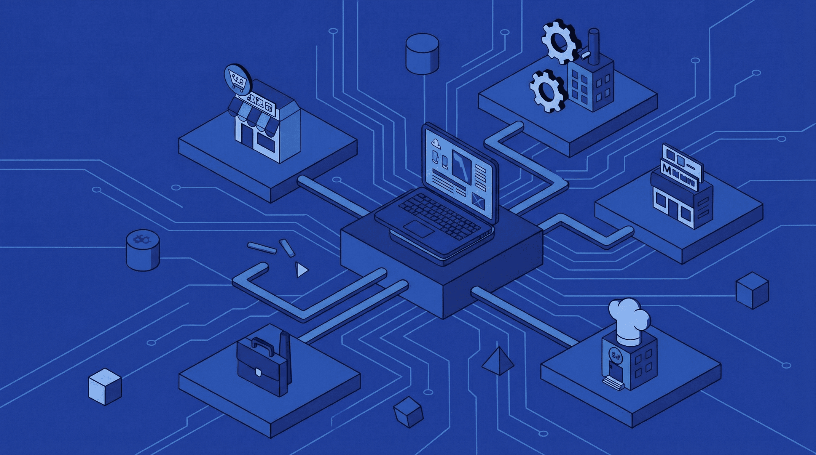 Isometric illustration showing multiple businesses managed from one central platform