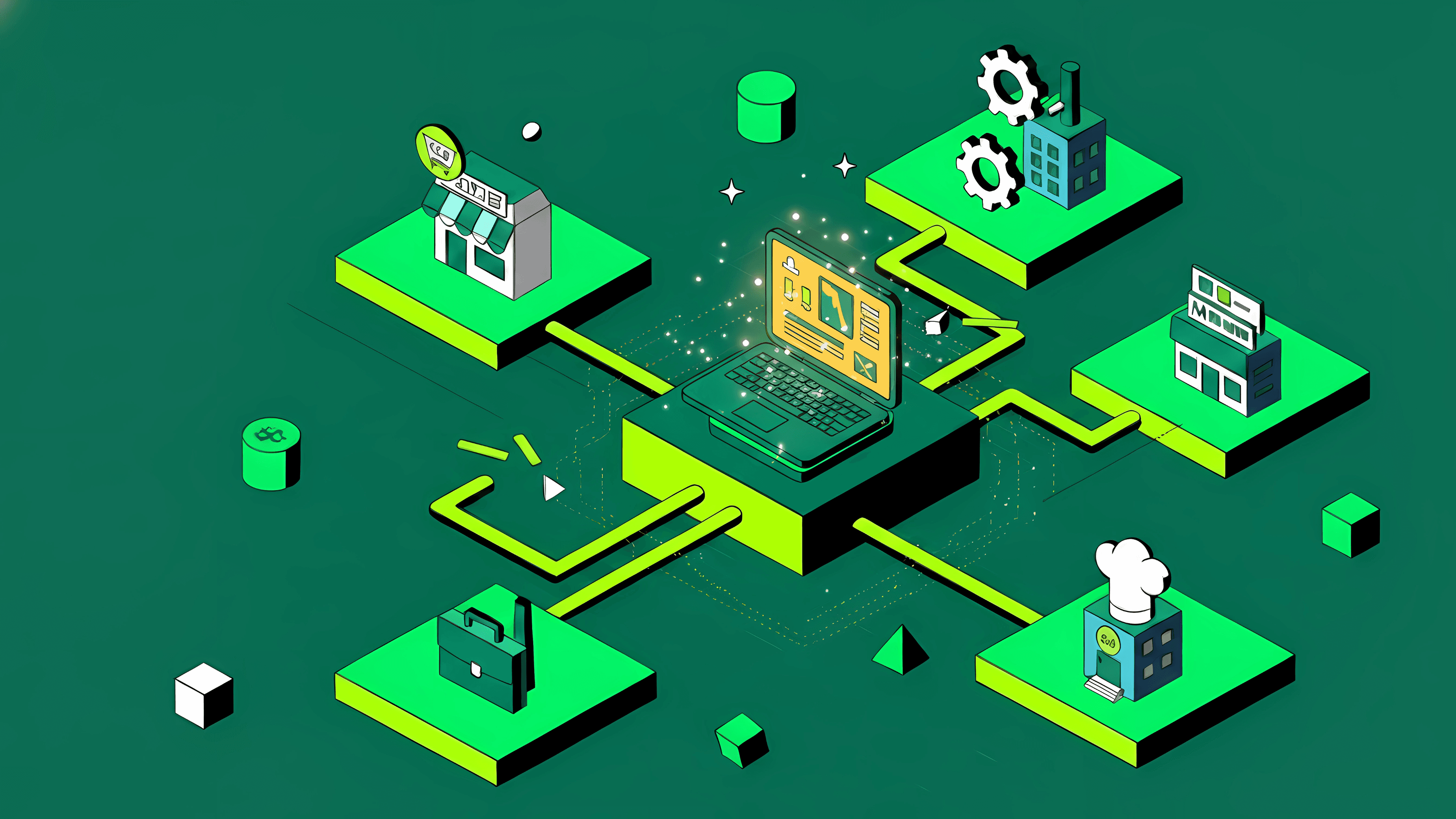 Isometric illustration showing multiple businesses managed from one central platform